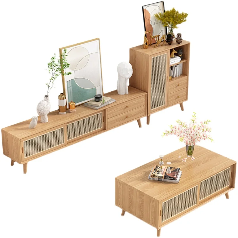 

Solid wood TV cabinet Simple modern living room Small apartment Nordic floor-to-ceiling rattan Japanese log TV cabinet