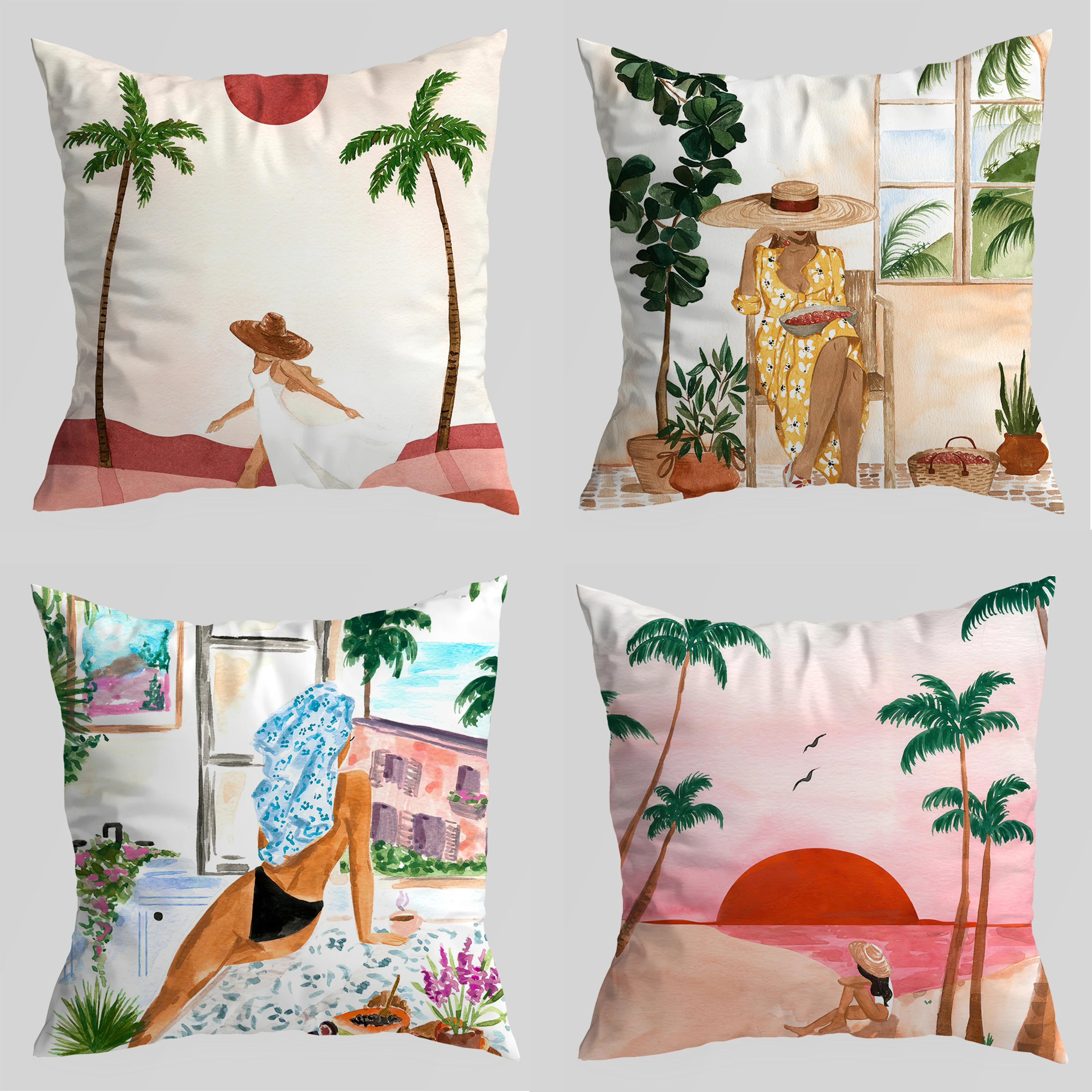 

Abstract Lady Seascape Beach Cushion Cover Coconut Tree Velvet Decorative Pillowcase Sofa Home Cushion Case For Car Living Room