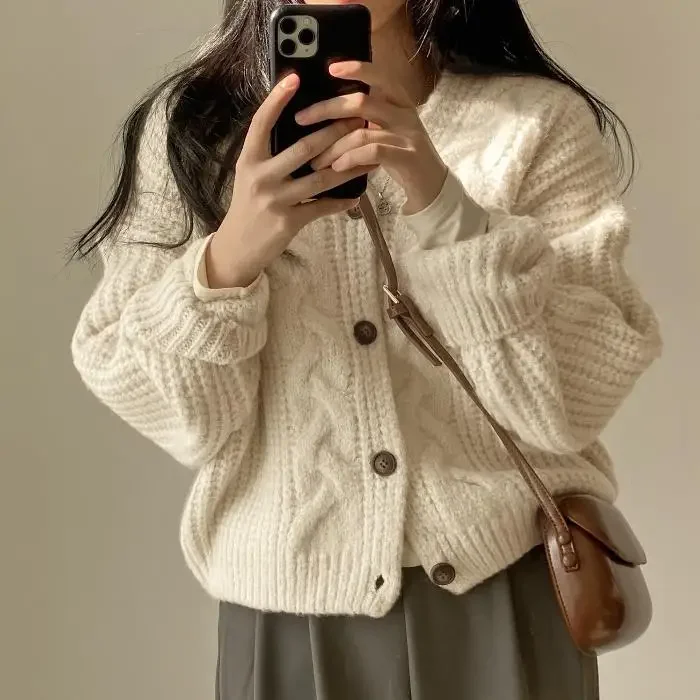 2023 Autumn/Winter Women's Knitted Cardigan Jacket Solid Color Idle Style Cable Knit Loose-Fit Long Sleeve Pullovers