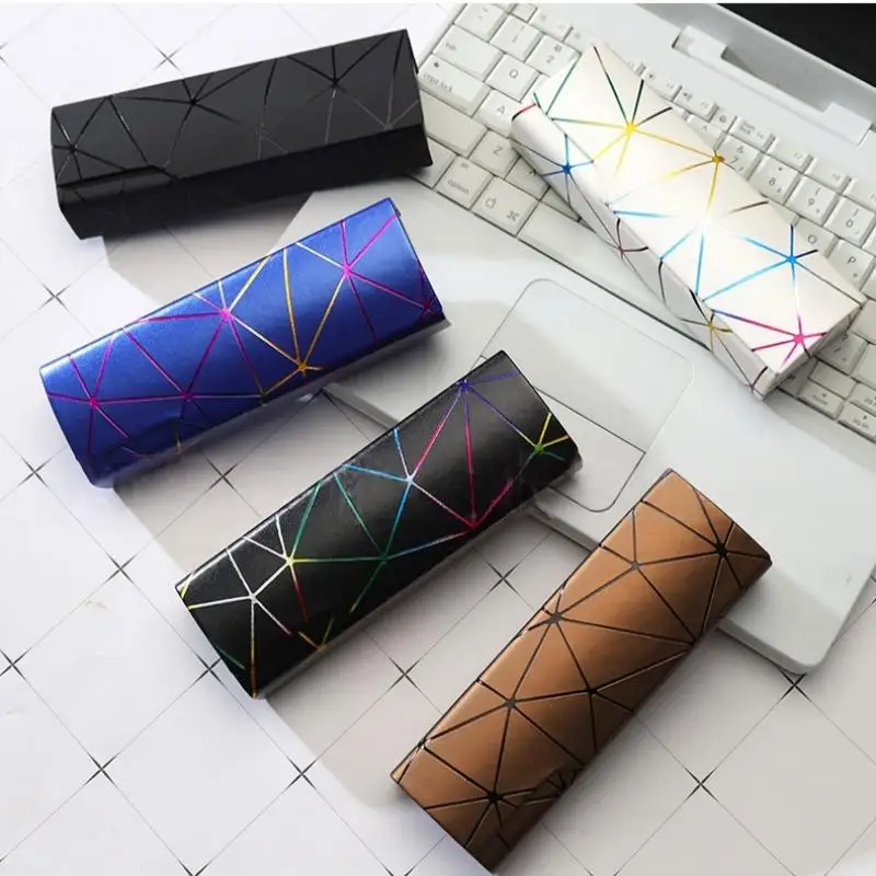 Geometric Line Hard Shell Eyeglasses Case Durable PU Leather Shockproof Spectacle Box for Kids Adults Use