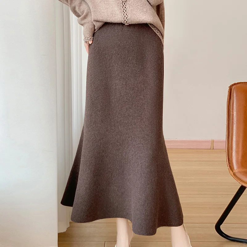 Meerjungfrau-Saum, exquisiter modischer Midirock, 100 % Merinowolle, trendiger klassischer Pullover, Midirock für Damen, Herbst und Winter, weicher Rock