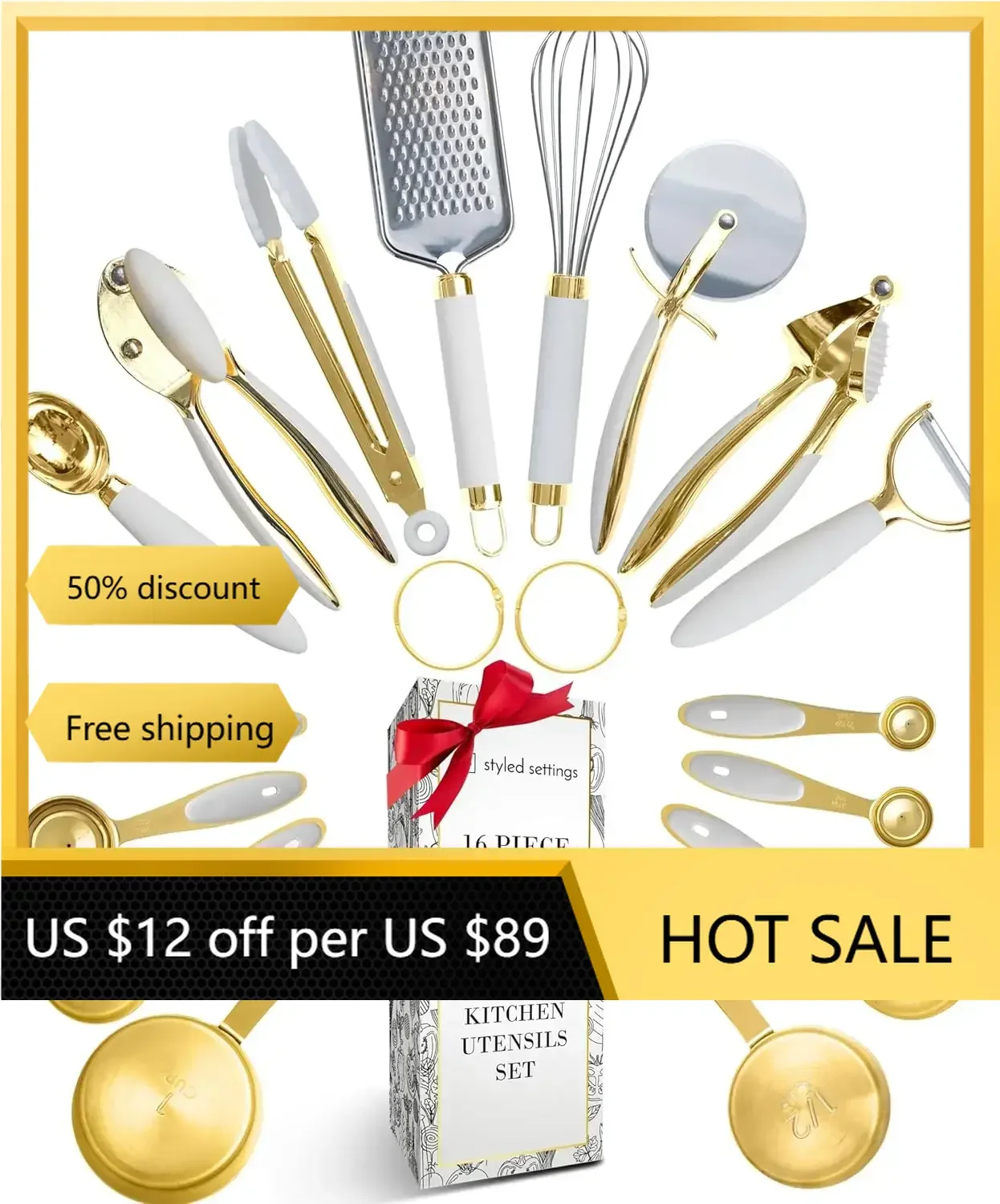 

16 PC Gold Kitchen Set Includes Gold Measuring Cups and Spoons Set and White and Gold Cooking Utensils Set -