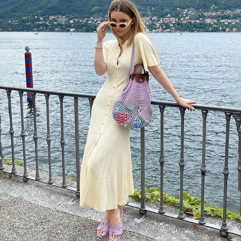 

Ticketsx Solid Knit Dress Women's O Neck Short Sleeve Single Breasted Long Dress Female 2025 Summer Fashion Elegant Slim Dresses