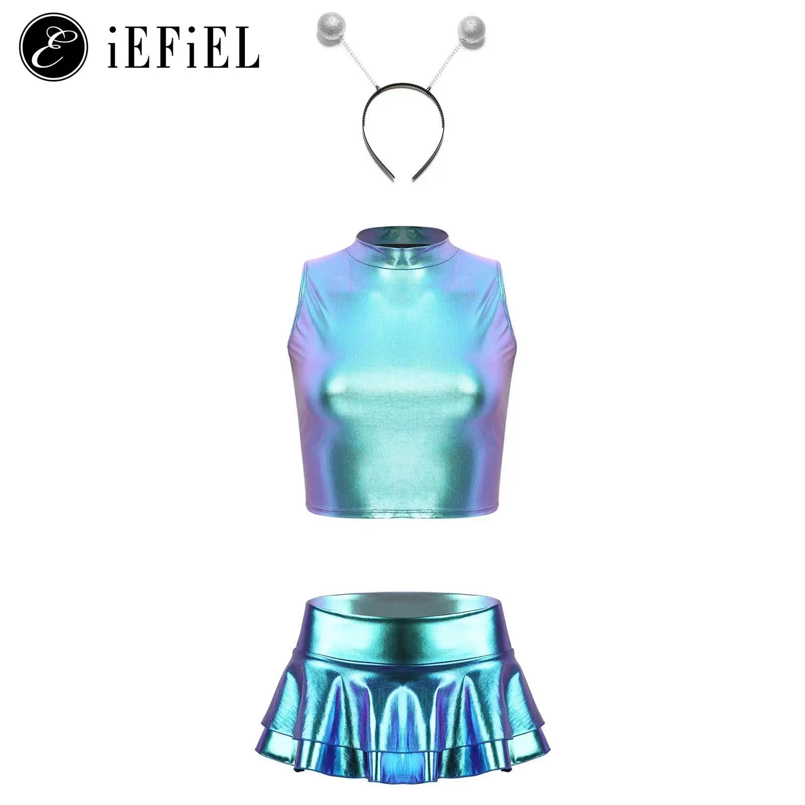 

Women Sexy Alien Astronaut Spacewomen Costume Metallic Crop Top with Pleated Skirts Feeler Headband Rave Party Dance Dress