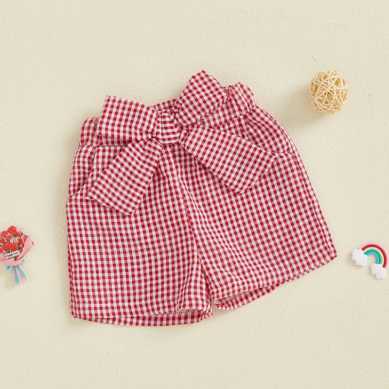 Toddler Girl Plaid Print Shorts Casual Fashion Bow Elastic Waist Short Pants for Summer Beach