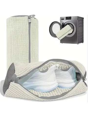 Fluffy Fiber 360 °   Surround Cleaning Shoe Washing Bag - Reusable Durable Machine-Washable Laundry Bag with Zipper Closure(1Pc)