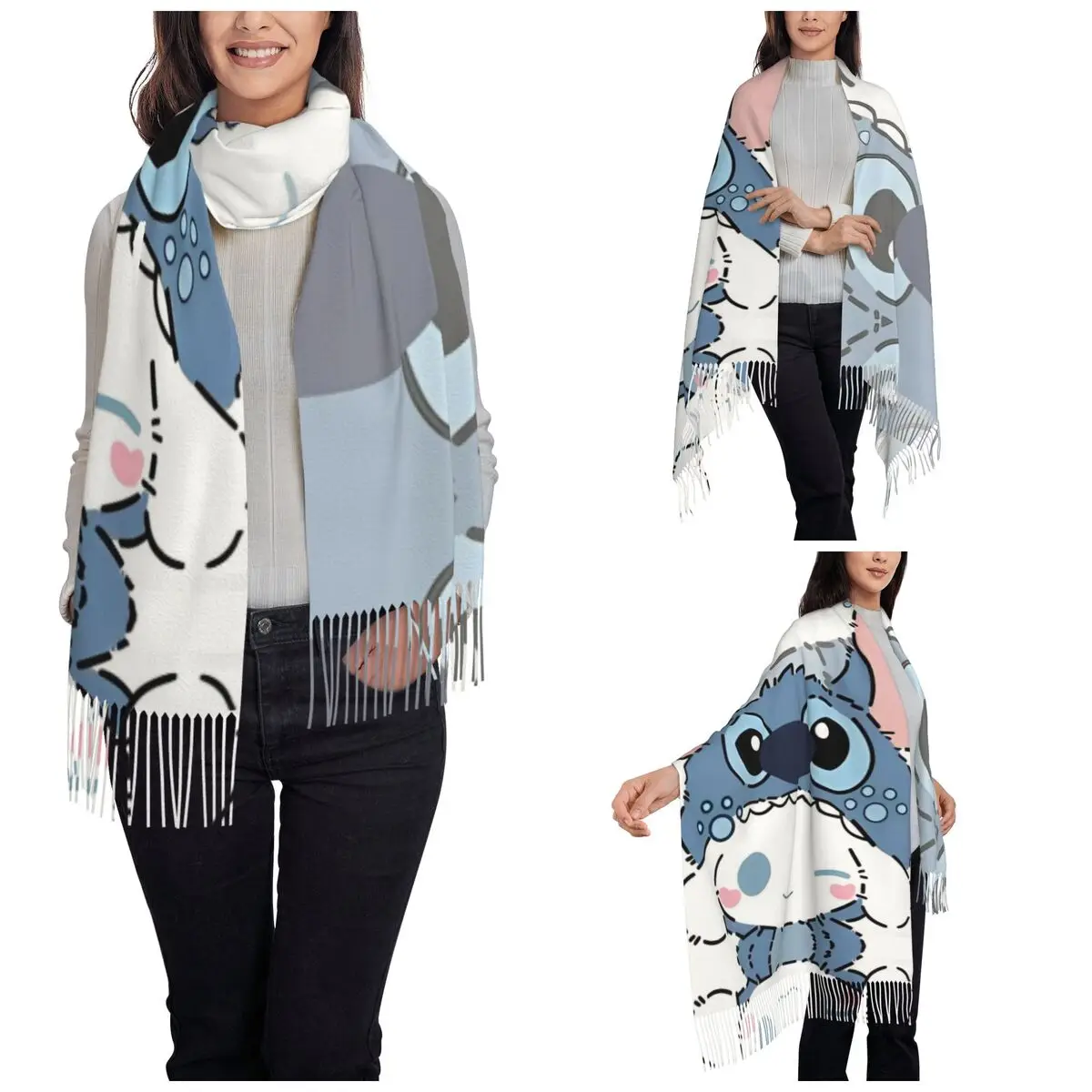 Cartoon Cinnamoroll And Stitch Shawls Wraps for Ladies Warm Large Long Scarf Pashminas Tassel Scarves