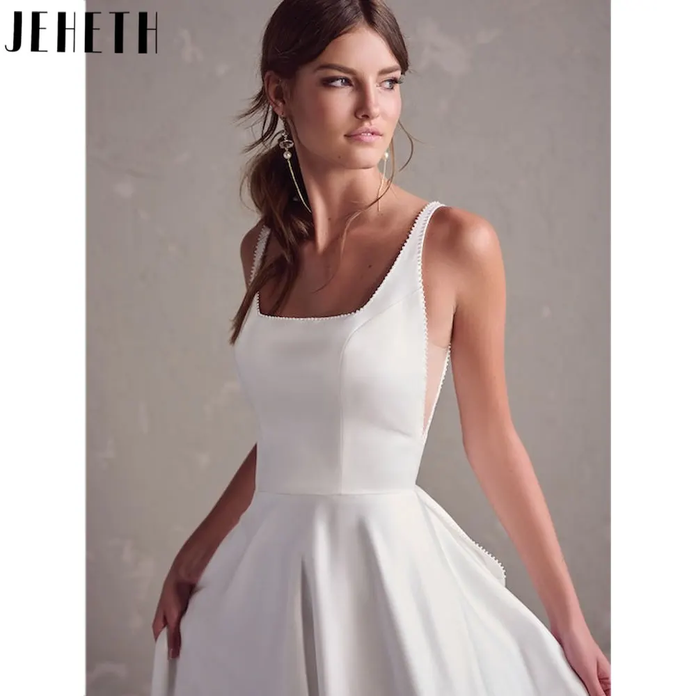 JEHETH Praça Neck cetim mangas vestidos de casamento White Satin Backless Vestidos de noiva Back Bow Spaghetti Straps robes de mariéeJEHETH Praça Neck cetim mangas vestidos de casamento White Satin Backless Vestidos de