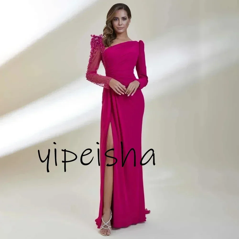 ชุดราตรีสั่งตัด ดีไซน์หรูหราทันสมัย ทรงเมอร์เมด เปิดหลัง ประดับเลื่อมและลูกปัด ผ่าข้าง สำหรับผู้หญิง แขนยาว สำหรับงานเลี้ยงอย่างเป็นทางการ