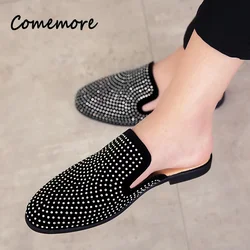 Luxury Glitter Rhinestone Leather Shoes Men Designer Outerwear Half Mules Casual Slides Slippers Sandals Male Fashion Mocassins
