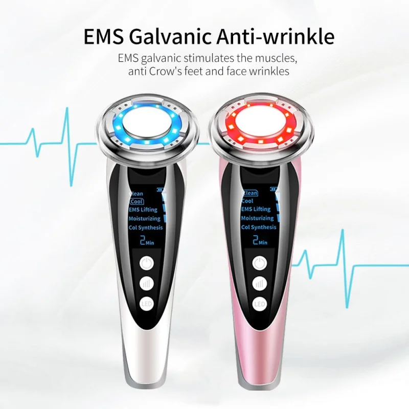 LED Photon Therapy Sonic Vibration Hot Cool Treatment Anti Aging EMS Skin Cleansing Rejuvenation Face Wrinkle Remover Device