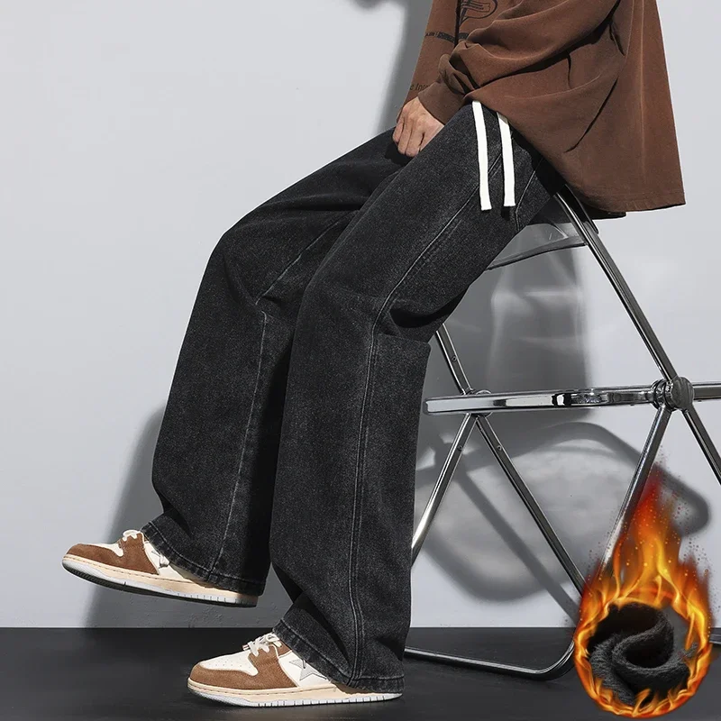 

Men's Fleece Jeans 2025 Winter Hot Style Korean Style Street Hip-hop Loose Denim Trousers Velvet Wool Trousers Black Light Blue