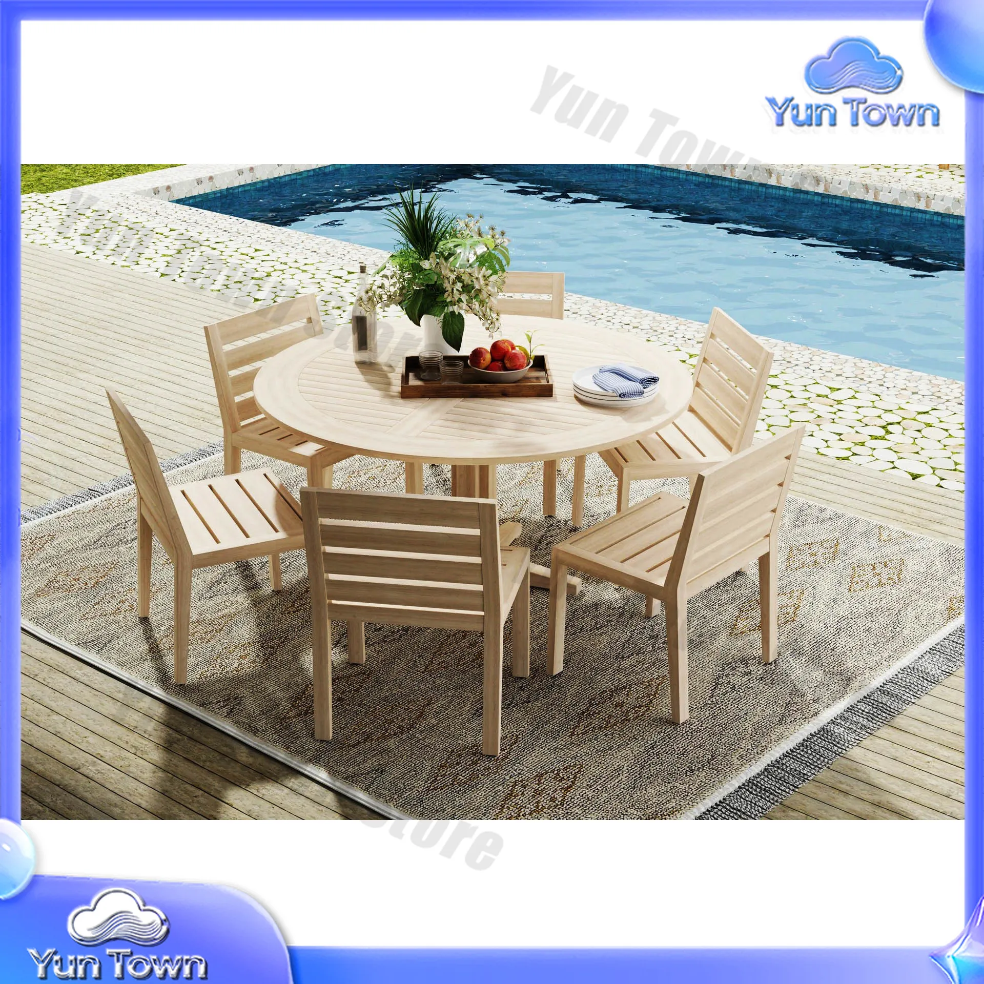 Chic Modern Weathered Finish Outdoor Patio Dinner Furniture Round Wood Table And Teak Dining Chair