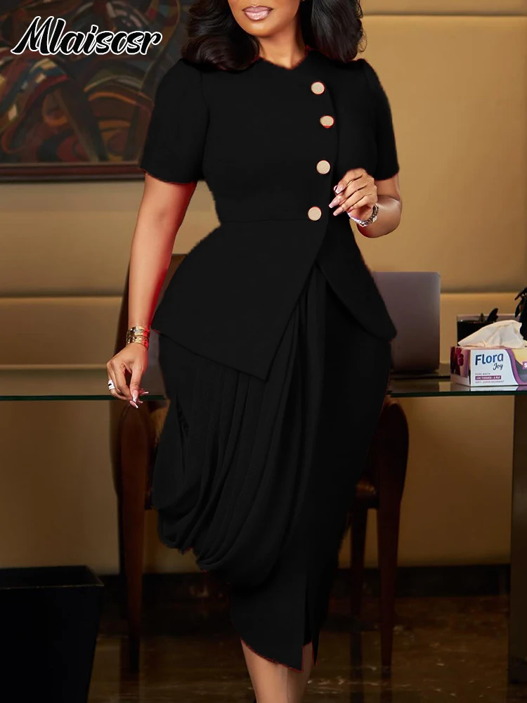 Mlaiscsr élégant paquet hanches moulante robes crayon pour femme col rond manches courtes boutons OL mi robe invité robes d'anniversaire