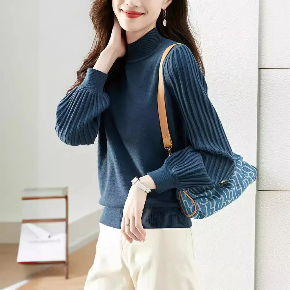 Camicia base collo mezzo alto Luce Lusso Alla moda Autunno e inverno Versatile Casual Pit Strip Cachemire a maniche lunghe Caldo