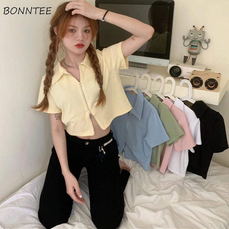 Short Sleeve T-shirts Women Zipper Candy Color Lovely Leisure Crop Top Летние Simple Solid College Young All-match Feminino New