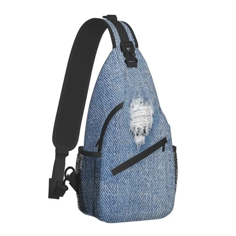 Custom Patched Denim Blue Jeans Texture Sling Bags Men Fashion Shoulder Crossbody Chest Backpack Traveling Daypack