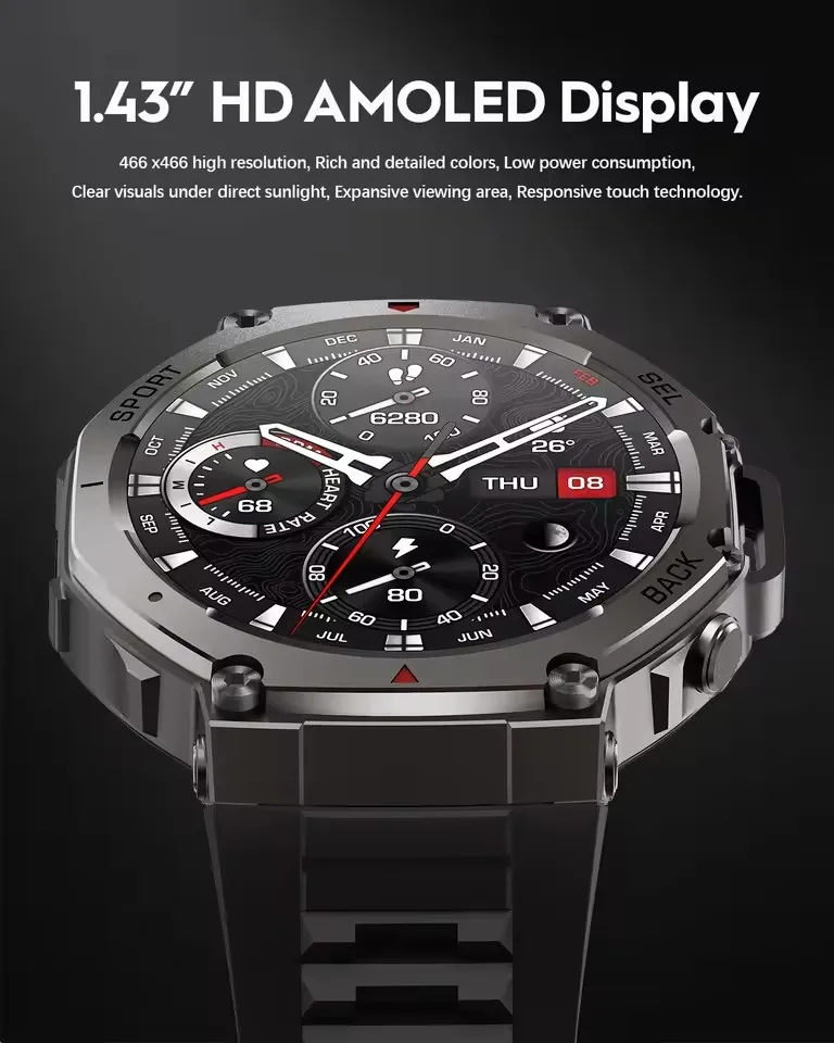 2025 نظام تحديد المواقع العسكري الصف 5ATM مقاوم للماء ساعة ذكية البوصلة BT دعوة AMOLED HD الرجال في الهواء الطلق 170 + الرياضة T-Rex 3 الترا Smartwatch