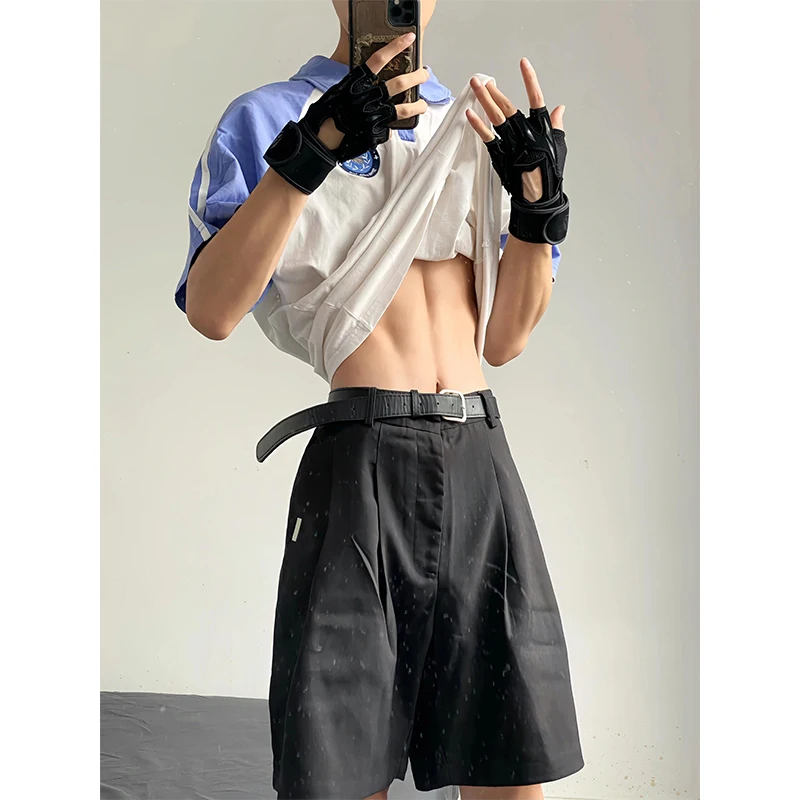 

Мужские черные шорты-костюмные брюки из тонкого ледяного шелка, летние, высококачественные, с низкой посадкой, прямого кроя, повседневные, модные, молодежный стиль