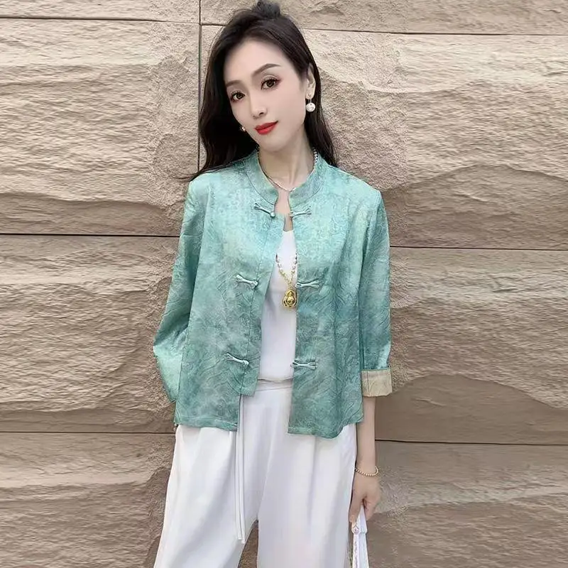 2026 Spring Autumn New Women Clothing Chinese Style Stand Up Collar Jacquard Tops with Stylish Versatile Style Nine Sleeve Coat - view 2