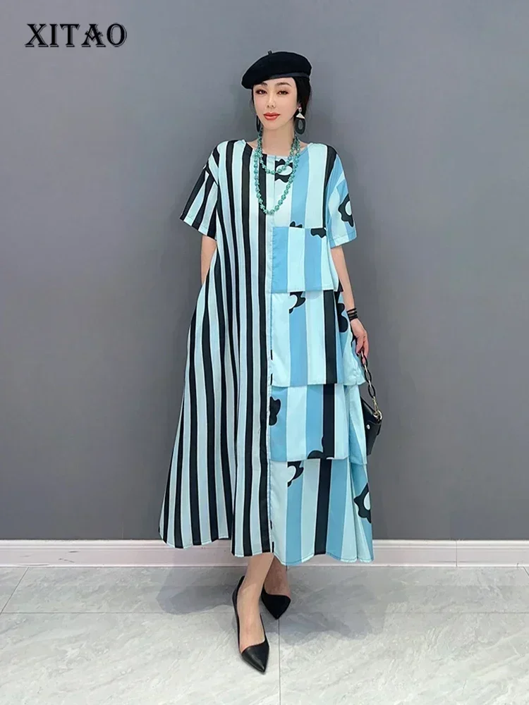 XITAO ชุดเดรสพิมพ์ลายไม่สมมาตรหลวมแฟชั่นสีตัดกันหลวมเรียบง่าย O-คอเสื้อยืดชุด ZY8453