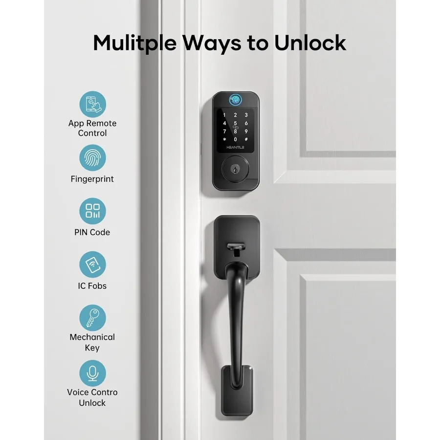 Inteligentny zestaw zamków do drzwi wejściowych z dostępem bezkluczykowym i rozpoznawaniem linii papilarnych zapewniający bezpieczny dostęp do domu. Wbudowane połączenie Wi-Fi dla R