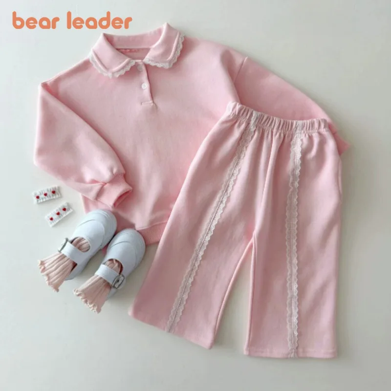 Bear Leader Korean Version Fashion Casual Sports Suit Autumn Girls' Clothing Lace Splicing Lapel Long Sleeved Top+Casual Pants