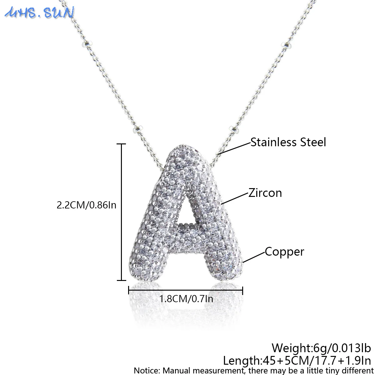 SUNSLL Bubble Cubic Zirconia A-Z 26 Letter Pendant Necklace Fashionably Simple Silver Bubble Letter Necklace For Party Jewelry
