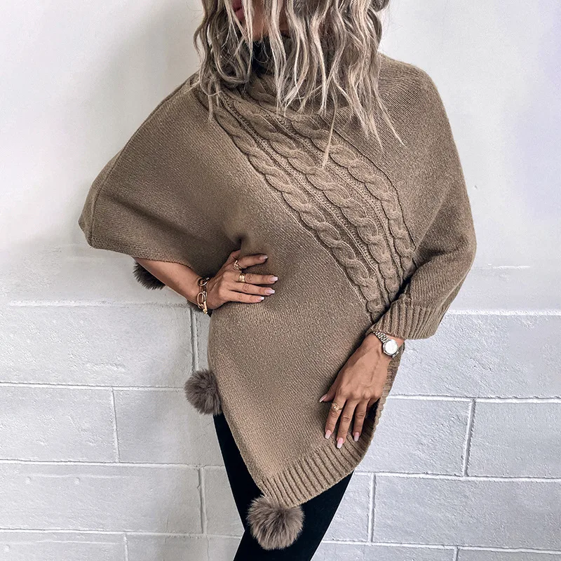 Women's Autumn Winter Sweaters Female Solid Color Twisted Flower Collar Cover Knitted Pullovers Women's Woolen Ball Cape Shawl