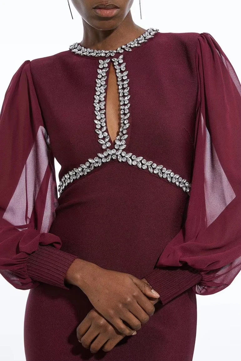 Lantern Sleeve Evening Party Gown Customized Crystal Embellished Prom Dress Midi Length Keyhole Neck Wedding Guest Outfit