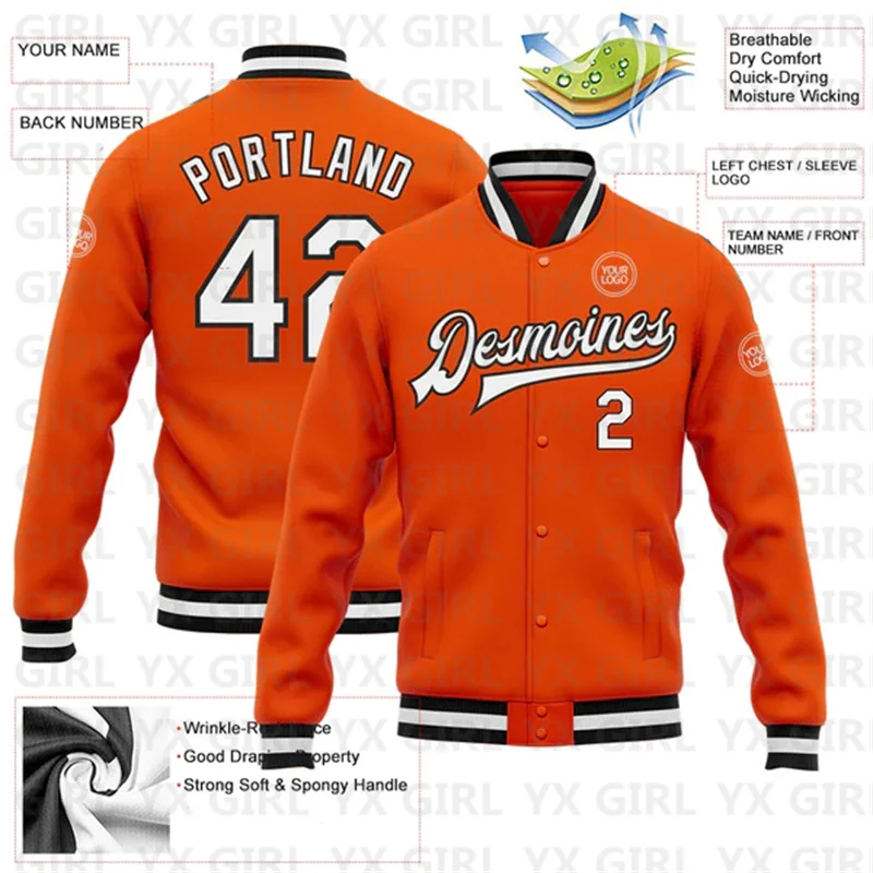 Custom Orange White-Black Bomber Full-Snap Varsity Letterman Jacket 3D Printed Baseball Button Jacket