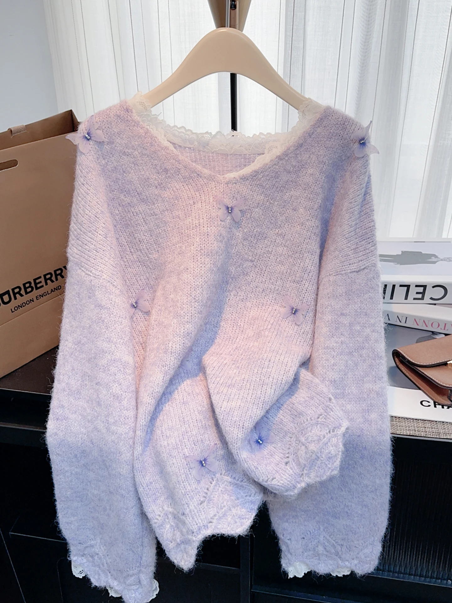 Paars Kant Lange Sve Halflange Basis irt Dames Herfst Trui Cover Butt Dazhoudang Jujiaohao Miu Top Warmte Gebreide V...