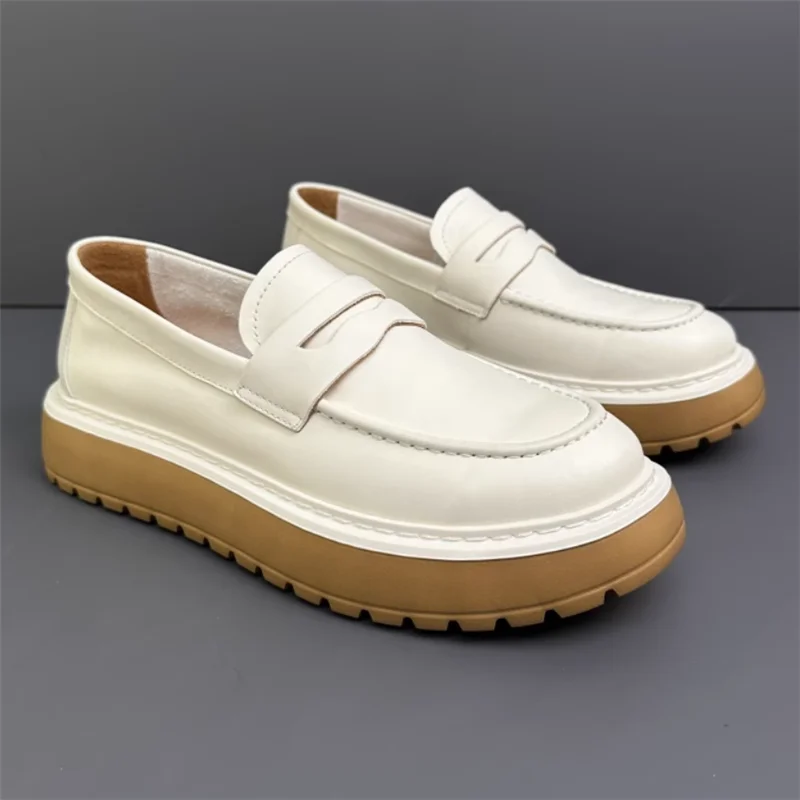 

Genuine Leather Man Chunky Heel Loafers Fashion Men Casual Board Shoes