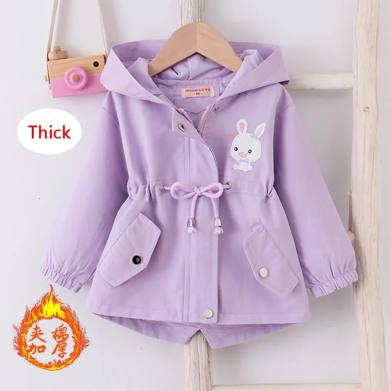 Autumn Winter Girls Thick Coat Cute Rabbit Print Jackets Can Tighten Waist Hooded Windbreaker For Kids Children Thin Outerwear