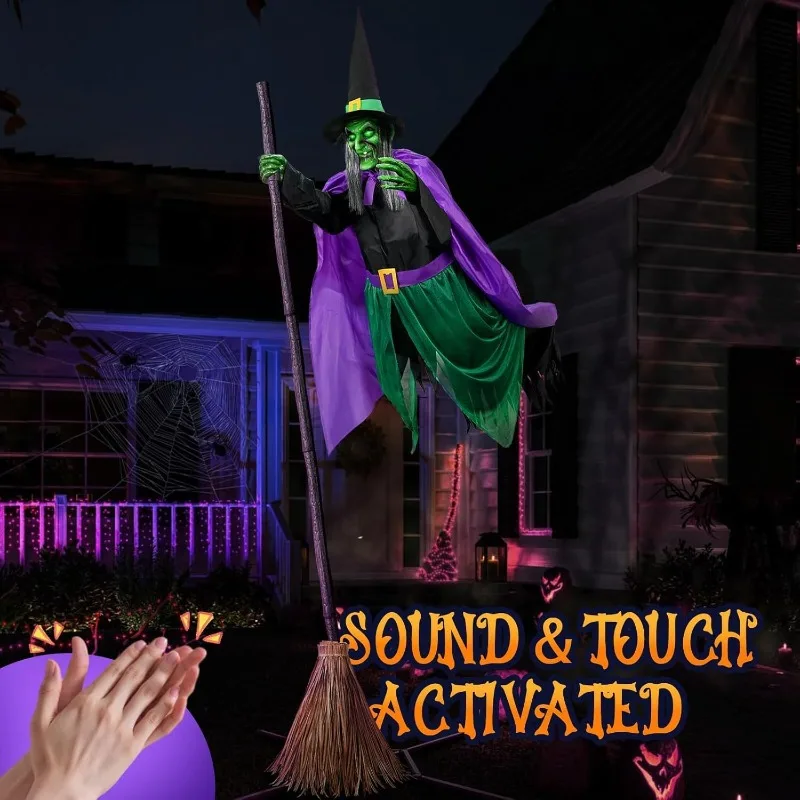 12フィートの動く浮遊魔女アニマトロニクス小道具、音とタッチセンサーで起動 - ハロウィン屋外装飾 - 不気味なスカーフィーバー