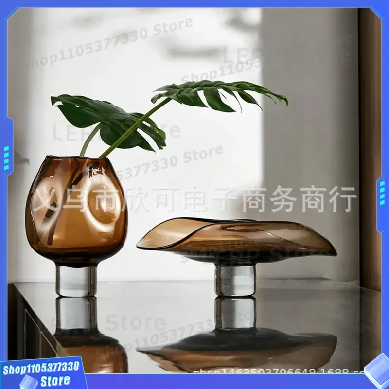 Luxury Glazed Glass Fruit Plate Vase for Living Room Home Decor High End Flower Arrangement Ornament Fake Flower Art Display