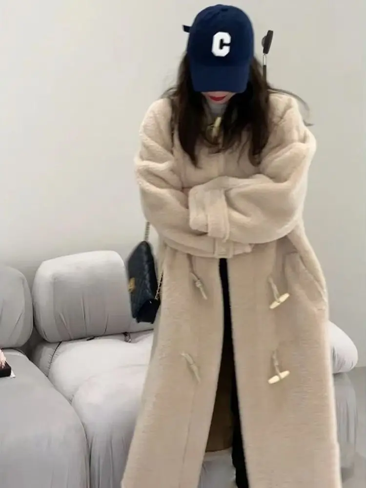 

Утепленное длинное пальто из овчины с плюшевой подкладкой, зимняя верхняя одежда из натуральной кожи и меха, большие размеры, женское, повседневное, в корейском стиле