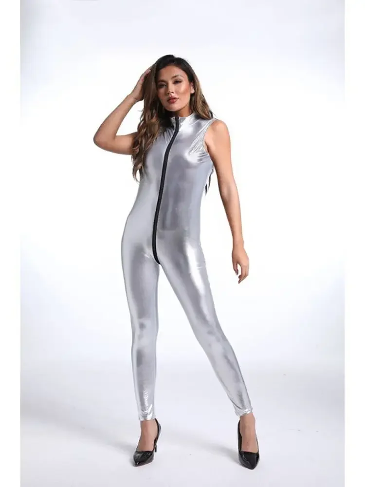 Блестящий комбинезон без рукавов из искусственной кожи на молнии с открытой промежностью, боди, колготки, сексуальный комбинезон, клубная одежда, сиамский купальник, комбинезон, боди