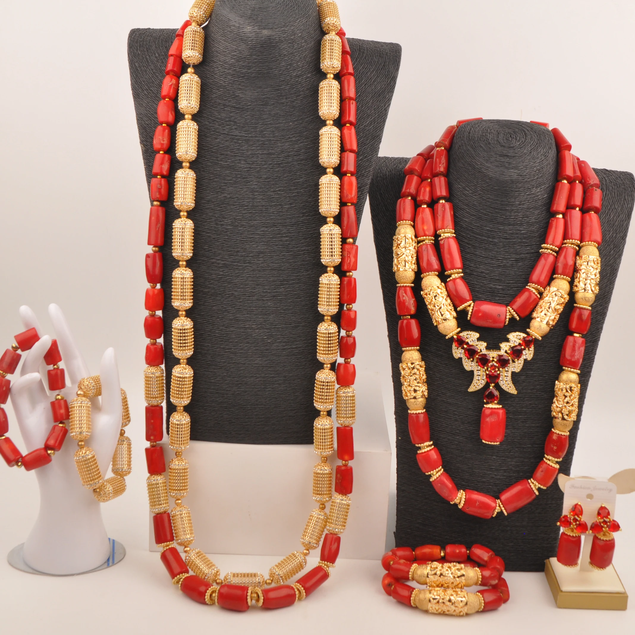 

Nigerian Wedding Couple Jewellery Red Coral Necklace African Beads Jewelry Set