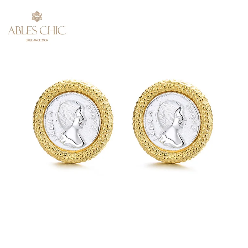 Greek Replica Silver Coins 18K Gold Two Tone Solid 925 Silver Roman Coin Stud Earrings E1055