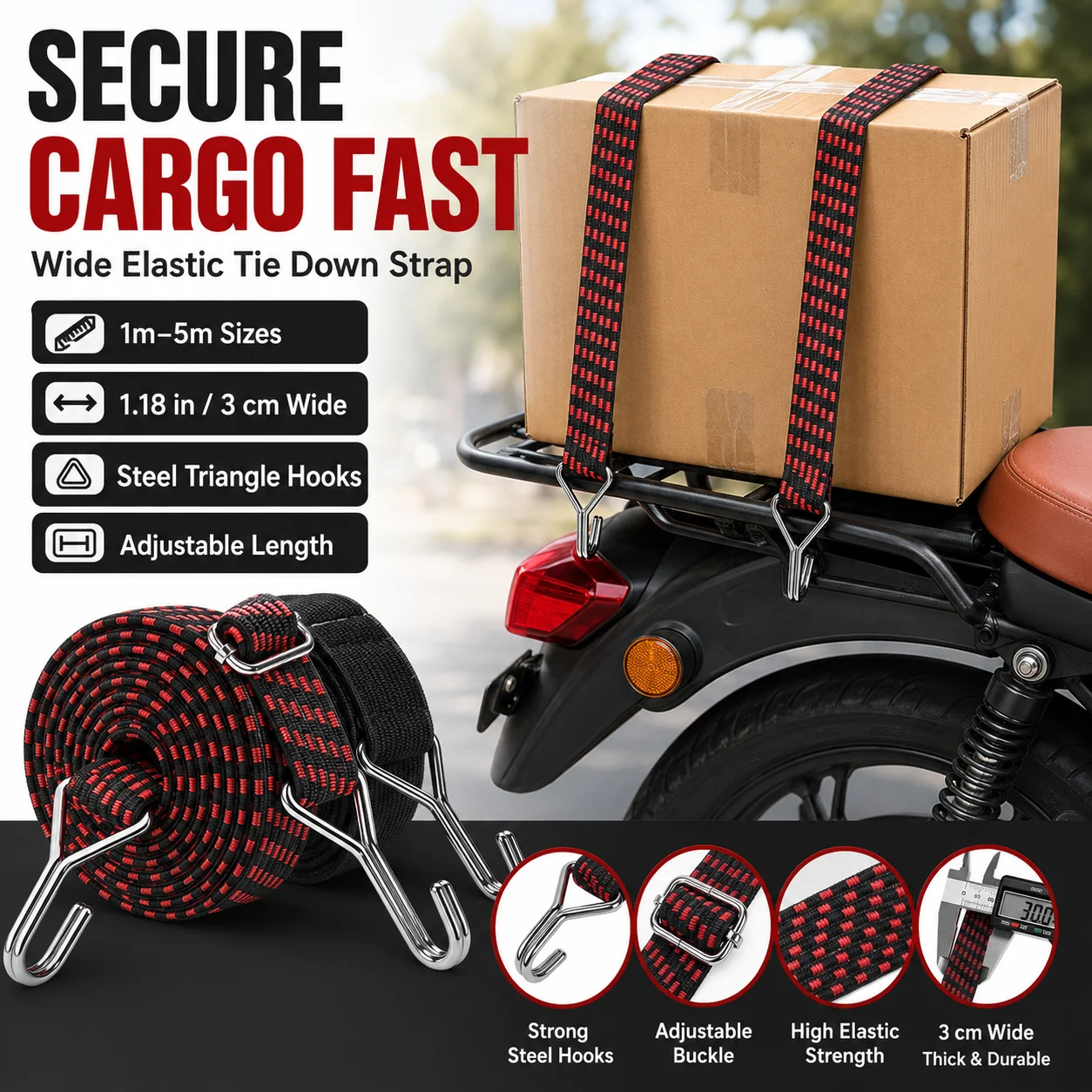 

3cm Wide Elastic Cargo Strap 1/2/3/4/5M Adjustable Tie Down Rope with Metal Hooks for Motorcycle Bike Camping