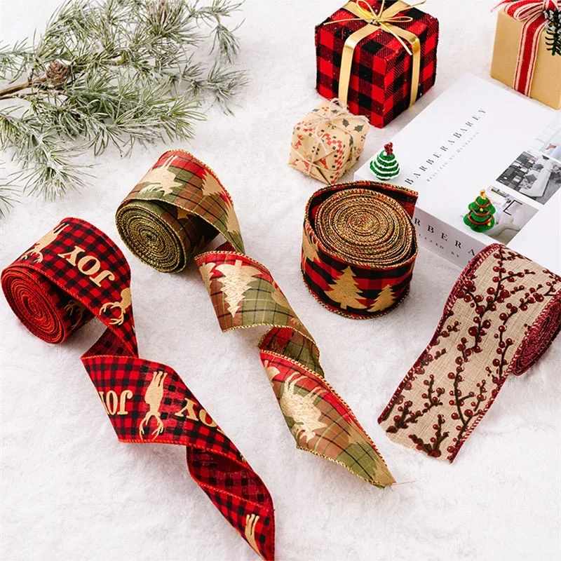 5M/Roll Christmas Ribbon Gift Packaging DIY Linen Decorations Wire Edge Roll Bundle Wrapping for Hairbows Bow Lot Floral Bouquet