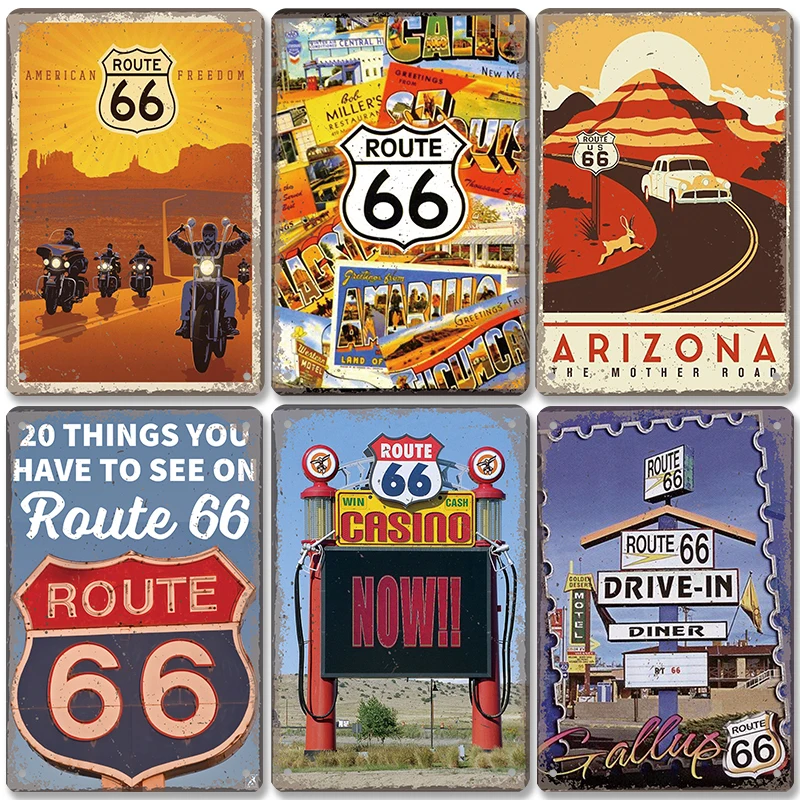 Route 66 Poster Vintage Metal Tin Sign Retro Road Signs Car Metal Plaque Wall Decor for Garage Bar Pub Club Gas Station