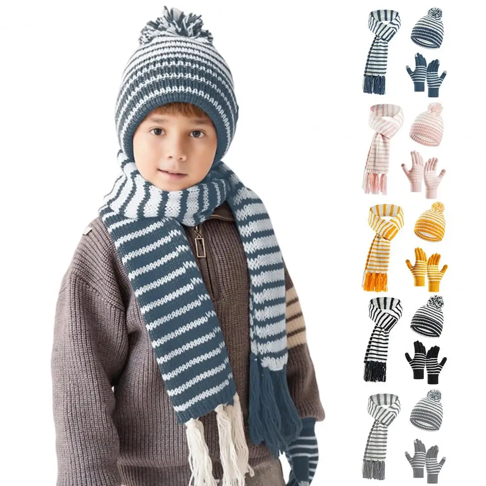 1 Set Winter Hat Scarf Gloves for Kids,Knit Hat with Pom Pom, Cozy Scarf Gloves for Toddlers Boys Girls Age 3 to 8