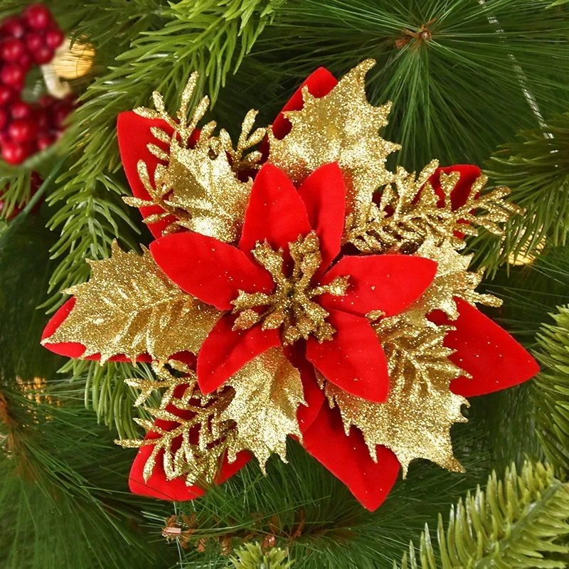 10/5pcs 15cm Glitter Christmas Flowers Artificial Poinsettia Flower Head Xmas Tree Ornament Home Decoration Navidad new year