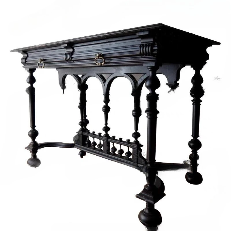 French retro dark wind carved porch decoration table, gothic villa model room solid wood desk