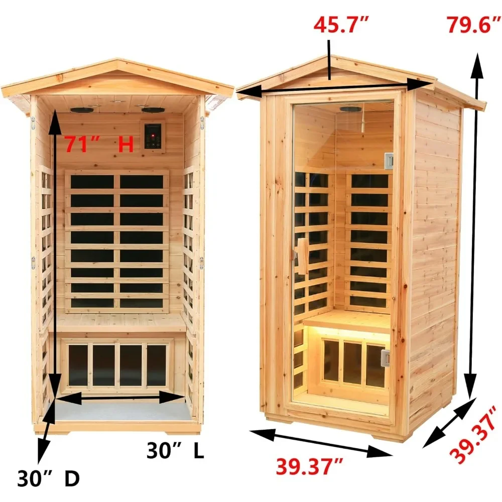 ساونا خارجية خشبية تعمل بالأشعة تحت الحمراء البعيدة، حجم لشخص واحد، مع/1560 وات، 6 سخانات EMF منخفضة، تسخين مسبقًا لمدة 10 دقائق، مجموعة مسبقة للوقت والدرجة الحرارة