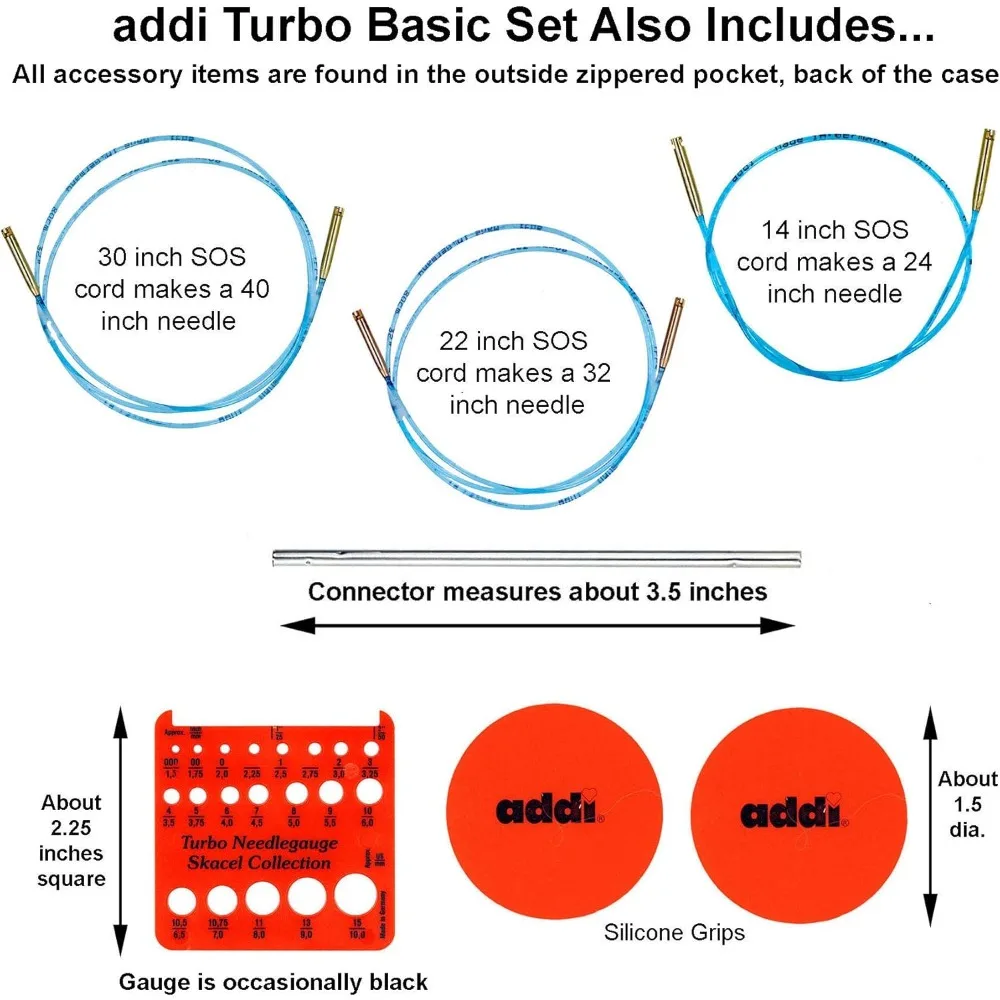 Click Turbo Basic 5-Inch Interchangeable Circular Knitting Needle Set Sizes with 3 Blue Cords, Black