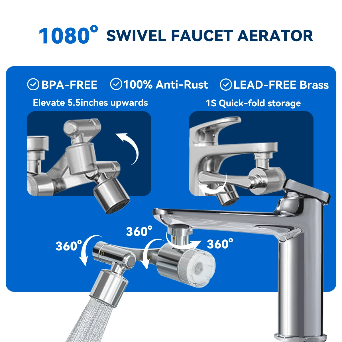 ALTHY Faucet Extender + Tap Aerator + Water Filter, Sink Splash-proof 1080° Rotating, Reduce Lead Chlorine Odor, 2 Spray Modes