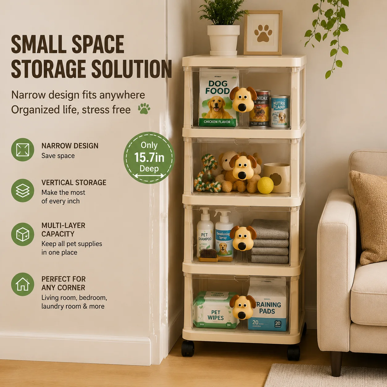Food Storage With Wheels - Huisdierenopbergkast 4-laags opbergorganizer met laden en
